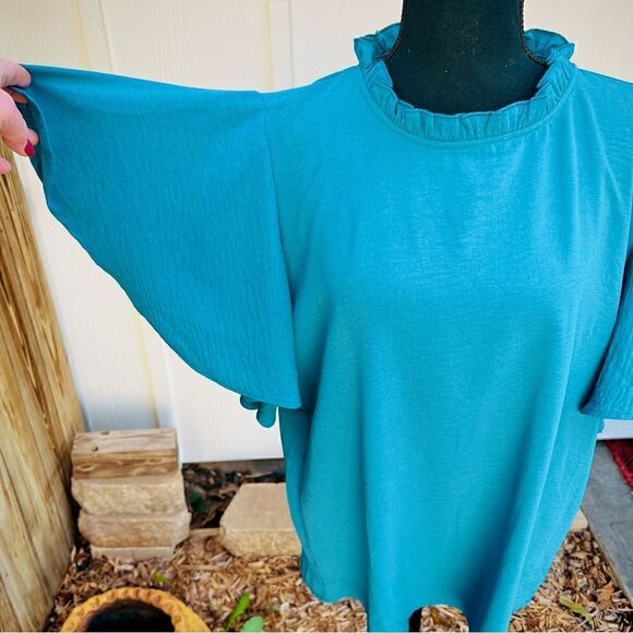 Aifer Turquoise Ruffle Collar Blouse w button closure in back & Flutter sleeves - Picture 9 of 12